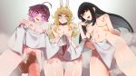  3girls ahoge animal_ears ass_visible_through_thighs bangs black_hair blonde_hair blue_eyes blush breasts censored erection erection_under_blanket eyebrows_visible_through_hair futanari highres horse_penis huge_penis large_penis large_testicles long_hair looking_at_viewer looking_down medium_breasts mirin_chikuwa multicolored_hair multiple_girls naughty_face navel nipples no_panties nude open_mouth original penis pointy_ears precum purple_eyes purple_hair rabbit_ears saliva short_hair simple_background smile steam testicles thighs two-tone_hair yellow_eyes 