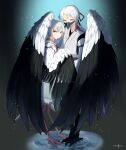  1boy 1girl artist_name bangs bird_legs bird_mask black_feathers black_wings commentary feathered_wings grey_hair harpy harpy_boy highres japanese_clothes mask monster_girl napote original short_hair standing two-tone_wings white_feathers white_hair white_wings wing_hug winged_arms wings 