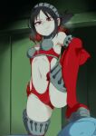  1boy 1girl alternate_costume armor ass ass_visible_through_thighs bare_shoulders black_hair boots breasts bulge cameltoe center_opening cosplay elbow_gloves gloves groin hair_ornament high-cut_armor highres indoors jcm2 kaguya-sama_wa_kokurasetai_~tensai-tachi_no_renai_zunousen~ leg_up looking_at_viewer medium_breasts navel persona persona_3 red_eyes red_footwear red_gloves red_legwear shinomiya_kaguya smile smug solo_focus takeba_yukari takeba_yukari_(cosplay) thighhighs 