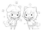  2girls :d animal_ears animal_hat cabbie_hat capriccio cat_ears cat_girl cat_tail chibi collared_shirt commentary_request dated dog_ears dog_tail fake_animal_ears flower greyscale hair_between_eyes hair_ornament hairclip hat hood hood_down hooded_jacket jacket long_sleeves monochrome multiple_girls original pleated_skirt puffy_long_sleeves puffy_sleeves shirt simple_background skirt smile socks solid_oval_eyes standing tail tail_wagging white_background 