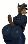 anthro belt big_butt binkykun brown_eyes bubble_butt butt canid canine canis chase_(paw_patrol) clothing denim denim_clothing domestic_dog german_shepherd glistening glistening_butt hat headgear headwear herding_dog hi_res male mammal pastoral_dog paw_patrol police police_uniform smile smirk tight_clothing tight_fit uniform wide_hips