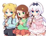  3girls absurdres bangs beads black_bow black_hairband black_skirt blonde_hair blue_eyes blue_shirt blush bow bow_hairband brown_hair capelet child chloe_(maidragon) closed_mouth collarbone collared_shirt commentary_request double_bun dress eyebrows_visible_through_hair flower frilled_capelet frills green_eyes green_shirt hair_beads hair_bow hair_flower hair_ornament hairband highres holding holding_instrument instrument kanna_kamui kobayashi-san_chi_no_maidragon light_purple_hair long_hair long_sleeves looking_at_viewer looking_down low_twintails medium_hair multiple_girls music pink_dress playing_instrument pleated_skirt print_shirt recorder red_skirt saikawa_riko shinsou_komachi shirt shirt_tucked_in short_dress side-by-side simple_background skirt smile standing suspender_skirt suspenders sweat thighhighs twintails white_background white_legwear yellow_flower 