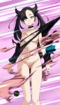  1girl ass_visible_through_thighs asymmetrical_bangs bangs black_choker black_hair black_nails black_sleeves breasts censored choker clenched_teeth collarbone exploding_clothes hair_ribbon highres long_hair looking_at_viewer marnie_(pokemon) nail_polish navel nipples pokemon pokemon_(game) pokemon_swsh purple_background pussy red_ribbon ribbon shiny shiny_hair small_breasts solo standing sweatdrop tearing_up teeth thigh_gap torn_clothes torn_sleeves tsukishiro_saika 