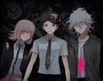  1girl 2boys ahoge bangs black_jacket black_pants black_shirt blood blood_on_clothes blood_on_face blunt_bangs brown_hair brown_skirt closed_eyes collared_shirt commentary cowboy_shot danganronpa_(series) danganronpa_2:_goodbye_despair dress_shirt facing_viewer galaga green_jacket grey_hair grey_shirt hair_ornament hairpin highres hinata_hajime jacket komaeda_nagito looking_at_viewer lying medium_hair messy_hair monokuma multiple_boys nanami_chiaki on_back open_clothes open_jacket pants parted_lips pink_blood shirt shirt_tucked_in short_hair skirt smile translation_request two-tone_shirt uyu_(uyuchaxx) white_shirt 