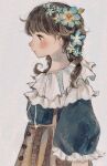  1girl absurdres blush braid brown_eyes brown_hair commentary dress english_commentary expressionless flower frilled_dress frilled_sleeves frills hair_flower hair_ornament highres medium_hair orie_h original profile simple_background solo tearing_up twin_braids upper_body 