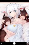  3girls :o absurdres akagi-chan_(azur_lane) alternate_costume amagi-chan_(azur_lane) animal_ears archery azur_lane bangs bed_sheet bell black_hair blue_eyes blunt_bangs brown_hair camera casual closed_eyes collarbone commentary_request contemporary drooling ear_down english_text eyebrows_visible_through_hair fox_ears fox_girl fox_print fox_tail hair_bell hair_between_eyes hair_ornament hair_ribbon hairband headpat height_difference highres hug hug_from_behind kaga_(azur_lane) long_hair looking_at_viewer lying multiple_girls on_side pajamas parted_lips purple_eyes ribbon samip short_hair sidelocks size_difference sleeping sleepover tail thick_eyebrows twintails white_hair wide-eyed 