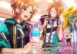  2wink_(ensemble_stars!) 3boys :d ahoge aoi_hinata aoi_yuta arm_on_table arm_out_of_sleeve arm_rest belt black_jacket black_pants black_shirt blue_jacket blue_nails blurry blurry_background blurry_foreground blush bottle bracelet candy ceiling_light closed_eyes copyright_name copyright_notice countdown dated ensemble_stars! faceless faceless_male facing_another facing_to_the_side fingernails flower flower_request food grate green_eyes grin half_updo hands_up headphones headphones_around_neck holding holding_bottle indoors jacket jewelry karaokemint leaning_forward light_particles looking_ahead male_focus multiple_boys nail_polish official_alternate_costume official_art open_clothes open_jacket open_mouth orange_hair pants parted_bangs pink_belt pink_jacket pink_nails ponytail shirt shirt_tucked_in short_hair short_ponytail sidelocks sitting sleeveless sleeveless_shirt smile sunflower sweat table teeth three-quarter_sleeves turning_head two-sided_fabric two-sided_jacket upper_body upper_teeth_only vent_(object) water_bottle white_flower white_shirt wrapped_candy yellow_flower zipper 