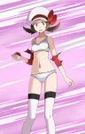  1girl bow bra breasts brown_eyes brown_hair collarbone detached_sleeves hat hat_bow highres holding holding_poke_ball long_hair looking_at_viewer low_twintails lyra_(pokemon) navel open_mouth panties poke_ball pokemon pokemon_(game) pokemon_hgss purple_background red_bow red_sleeves shiny shiny_hair small_breasts solo sports_bra standing sweatdrop thighhighs torn_clothes torn_sleeves tsukishiro_saika twintails underwear underwear_only white_bra white_headwear white_legwear white_panties 