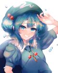  artist_name bangs blue_dress blue_eyes blue_hair closed_mouth dress eyebrows_visible_through_hair green_headwear hair_bobbles hair_ornament hat highres hikage_(0hi_kageo) kawashiro_nitori key_necklace looking_at_viewer short_hair short_sleeves short_twintails smile teeth touhou twintails 