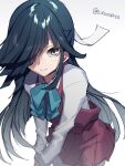  1girl aqua_bow aqua_bowtie black_hair bow bowtie brown_eyes closed_mouth collared_shirt cowboy_shot dress eyebrows_visible_through_hair grey_legwear hair_over_one_eye hayashimo_(kancolle) highres kantai_collection long_hair long_sleeves looking_at_viewer picoli1313 purple_dress school_uniform shirt sleeveless sleeveless_dress smile solo twitter_username white_shirt 