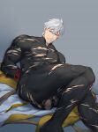  1boy arms_behind_back ass bara black_bodysuit blood blood_on_face blue_eyes bodysuit bulge chachi_(soulga) covered_abs cuts fate/grand_order fate_(series) feet_out_of_frame injury large_pectorals looking_at_viewer male_focus muscular muscular_male nipple_piercing nipple_rings nipple_slip nipples pectorals penis percival_(fate) piercing red_rope rope short_hair skindentation solo testicles thick_thighs thighs torn_bodysuit torn_clothes white_hair 