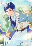  1boy ameno_(ameno_f) beads blue_coat blue_gemstone blue_hair blue_necktie blue_vest blurry blurry_background blurry_foreground blush bush coat copyright_name copyright_notice countdown crystal dated day ensemble_stars! falling_petals feet_out_of_frame flower flower_request fushimi_yuzuru gem glint gloves gold_trim hand_up holding holding_veil lapels leaning_forward light_particles light_smile long_sleeves looking_at_viewer looking_to_the_side male_focus necktie notched_lapels offering_hand official_alternate_costume official_art open_clothes open_coat open_mouth orange_flower outdoors pants parted_bangs petals pink_flower purple_eyes see-through_clothes see-through_veil shirt short_hair sidelighting solo sparkle standing sunlight tree two-sided_coat two-sided_fabric veil vest white_coat white_flower white_gloves white_pants white_shirt yellow_flower 