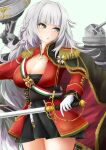  1girl aiguillette azur_lane black_cape black_dress breasts cape cleavage cowboy_shot dress epaulettes gloves grey_eyes highres holding holding_sword holding_weapon italian_flag jacket large_breasts long_hair looking_to_the_side medal red_jacket rigging simple_background solo standing sword very_long_hair vittorio_veneto_(azur_lane) weapon white_gloves white_hair yamamoto_rintaro 