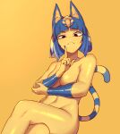  1girl animal_crossing animal_ears ankha_(animal_crossing) bangs black_eyes blue_hair blunt_bangs breasts closed_mouth colored_skin commentary_request crossed_legs eyebrows_visible_through_hair fingernails frenchvanillu furry furry_female highres looking_at_viewer medium_breasts navel nude orange_background raised_eyebrow short_hair simple_background sitting solo striped_tail tail yellow_skin 