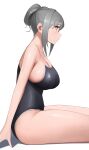  1girl bare_shoulders black_swimsuit blush breasts cleavage commentary grey_hair highres idolmaster idolmaster_cinderella_girls kanzaki_ranko one-piece_swimsuit school_swimsuit senju_(snz0) sitting solo swimsuit thighs 
