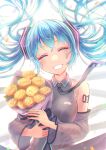  1girl absurdres blue_hair bouquet closed_eyes collared_shirt commentary detached_sleeves facing_viewer floating_hair flower grey_necktie grey_shirt grey_sleeves grin hatsune_miku highres holding holding_bouquet kiiro_(cocoa080) long_hair long_sleeves necktie shirt shoulder_tattoo sleeveless sleeveless_shirt smile solo tattoo twintails upper_body very_long_hair vocaloid white_background wing_collar yellow_flower 