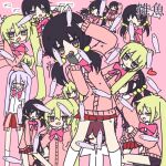  5girls ahoge akita_neru animal ascot backpack bag black_hair black_sleeve_cuffs blush brown_eyes castanets collared_shirt commentary dayan7_ariel detached_sleeves dress drill_hair fish forehead_blush hair_bobbles hair_ornament hatsune_miku holding holding_animal holding_fish instrument kaai_yuki kasane_teto long_hair long_sleeves looking_at_viewer low_twintails multiple_girls musical_staff musical_staff_print pinafore_dress pinstripe_hat plaid_ascot plaid_clothes randoseru red_ascot red_dress red_eyes red_hair red_trim ribbon shirt short_hair short_sleeves short_twintails shoulder_belt shoulder_boards skirt sleeveless sleeveless_dress smile solo triangle_(instrument) triple_baka_(vocaloid) twin_drills twintails utau vocaloid white_ribbon white_shirt zako_(vocaloid) 