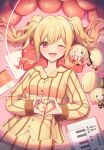  absurdres blonde_hair book character_doll commentary heart heart_hands highres instrument keyboard_(instrument) multicolored_hair one_eye_closed pajamas pillow project_sekai red_eyes smile sora_(men0105) symbol-only_commentary tenma_saki twintails two-tone_hair yellow_pajamas 