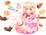  1girl :d ahoge animal_ear_fluff animal_ears bangs blonde_hair blush boots bow bread brown_footwear cat_ears cat_girl cat_tail chocolate_cornet coffee_cup commentary_request cup cupcake diagonal_stripes disposable_cup dress eyebrows_visible_through_hair food fruit gloves green_eyes hair_between_eyes hair_bow hair_ornament hairclip holding holding_tray long_hair looking_at_viewer open_mouth original pink_dress pleated_dress puffy_short_sleeves puffy_sleeves red_bow shikito short_sleeves smile socks solo strawberry striped striped_background striped_legwear tail tail_bow tail_ornament tongs tray vertical-striped_legwear vertical_stripes white_gloves white_legwear x_hair_ornament 
