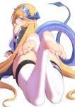  1girl arknights ass bare_shoulders blonde_hair blue_eyes blue_hairband blush bottomless breasts closed_mouth commentary_request convenient_leg crossed_ankles dragon_girl dragon_horns dragon_tail feet feet_up fingerless_gloves from_behind full_body gloves hair_over_one_eye hairband highres horns large_breasts long_hair looking_at_viewer looking_back lying on_stomach pointy_ears saileach_(arknights) simple_background smile soles solo stirrup_legwear tail thigh_strap thighhighs toeless_legwear toes very_long_hair white_background white_gloves white_legwear yamauchi_(conan-comy) 