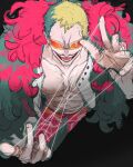  1boy abs blonde_hair coat devil_fruit_power donquixote_doflamingo evil_smile feather_coat feathered_coat foreshortening highres male_focus muscular muscular_male no_eyebrows octo33 one_piece open_clothes pectoral_cleavage pectorals pink_coat short_hair smile sunglasses thread unfinished 
