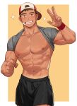  1boy abs artist_request backwards_hat bara bare_pectorals baseball_cap black_shorts bulge check_artist clothes_lift commission dark-skinned_male dark_skin feet_out_of_frame grey_shirt grin hao_(haozz) hat highres korean_commentary large_pectorals male_focus muscular muscular_male navel nipples original pectorals second-party_source shirt shirt_behind_neck shirt_lift short_hair shorts smile solo sparkle stomach tan tanlines v 