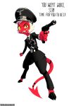 absurd_res clothing demon dracreloaded english_text gun hair handgun hat headgear headwear helluva_boss hi_res hooves imp looking_at_viewer male moxxie_(helluva_boss) nazi nazi_insignia nazi_uniform open_mouth pistol ranged_weapon red_body simple_background solo spade_tail swastika tail talking_to_viewer text uniform weapon white_background white_hair yellow_sclera