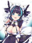  1girl :3 :d azur_lane bangs black_hair blue_eyes blunt_bangs bow bowtie breasts cheshire_(azur_lane) cleavage commentary_request detached_collar detached_sleeves ebino_mayo eyebrows_visible_through_hair hair_bow hair_ribbon highres large_breasts looking_at_viewer maid maid_headdress multicolored_hair open_mouth paw_pose ribbon scrunchie short_hair sidelocks simple_background smile solo streaked_hair two-tone_hair white_background wrist_scrunchie 