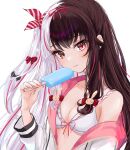  1girl bangs bikini black_bow black_hair bow bow_bikini breasts cleavage eyebrows_visible_through_hair food frilled_bikini frills hair_bow hair_ornament hair_ribbon highres holding holding_food jacket keichan_(user_afpk7473) long_hair long_sleeves looking_at_viewer multicolored_hair nijisanji off_shoulder pink_bow pink_eyes popsicle red_bow red_hair ribbon silver_hair simple_background small_breasts smile solo split-color_hair streaked_hair striped striped_bow swimsuit upper_body virtual_youtuber white_background white_bikini white_jacket yorumi_rena 