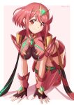  1girl absurdres bangs black_gloves breasts chest_jewel closed_mouth earrings fingerless_gloves gloves highres jewelry large_breasts pyra_(xenoblade) red_eyes red_hair red_legwear red_shorts ryochan96154 short_hair short_shorts shorts smile solo swept_bangs thighhighs tiara xenoblade_chronicles_(series) xenoblade_chronicles_2 