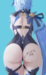  1girl absurdres arrow_(symbol) ass back backless_outfit black_legwear black_leotard blue_background blue_cape blue_hair body_writing breasts cape eula_(genshin_impact) facing_away from_behind genshin_impact highres honk_(honk379637) leotard medium_breasts partially_visible_vulva pussy_juice pussy_juice_drip_through_clothes short_hair simple_background skindentation solo thick_thighs thigh_gap thighhighs thighs thong_leotard 