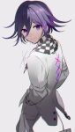  1boy bangs blue_hair checkered checkered_scarf danganronpa_(series) danganronpa_v3:_killing_harmony eyebrows_visible_through_hair feet_out_of_frame flipped_hair from_behind gradient gradient_background grey_background grey_jacket hair_between_eyes hand_in_pocket highres huyuharu0214 jacket looking_at_viewer looking_back male_focus ouma_kokichi pants purple_hair scarf shiny shiny_hair signature smile solo straitjacket white_pants 