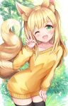  1girl ;d animal_ears black_legwear blonde_hair fox_ears fox_girl fox_tail green_eyes hand_on_own_thigh long_hair long_sleeves looking_at_viewer one_eye_closed open_mouth original sakura_ani smile sweater tail thighhighs v yellow_sweater 