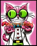 2015 4_fingers anthro belt black_belt black_border black_eyewear black_glasses blue_bow_tie border bottomwear bow_tie button_(fastener) claws clothed clothed_anthro clothed_male clothing coat colored colored_pencil_(artwork) domestic_cat english_description eyewear felid feline felis finger_claws fingers fully_clothed fully_clothed_anthro fully_clothed_male fur glasses green_bottomwear green_clothing green_eyes green_pants gums half-length_portrait hand_pawpads lab_coat light lighting long_tail male mammal marker_(artwork) markings pants pawpads pink_background pink_body pink_fur pink_nose pink_pawpads pink_stripes pink_tail portrait professor_genki red_gums saints_row saints_row:_the_third shaded sharp_teeth simple_background solo standing striped_markings striped_tail stripes tail tail_markings teeth tehcreechibi toothy_grin topwear traditional_media_(artwork) whiskers white_body white_claws white_dress_shirt white_fur white_lab_coat