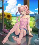  1girl absurdres artist_request barefoot breasts bush camisole cleavage cloud cloudy_sky commentary copyright copyright_name day dolphin_shorts electric_fan feet flower food foreshortening grass grey_eyes gundam gundam_breaker_mobile highres landscape medium_breasts melting miyama_sana mosquito_coil mountainous_horizon official_art outdoors pink_hair popsicle sanakapool shorts sky soles solo spaghetti_strap sparkle strap_slip summer sunflower sweat tan tanlines toenails toes two_side_up wrinkled_fabric 