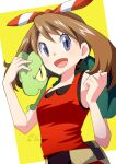  1girl :d bow_hairband brown_hair commentary_request eyelashes fanny_pack grey_eyes hairband happy long_hair may_(pokemon) on_shoulder oooise open_mouth pokemon pokemon_(creature) pokemon_on_shoulder pokemon_oras red_hairband red_shirt shirt sleeveless sleeveless_shirt smile tongue treecko yellow_background yellow_bag 