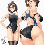  1girl adjusting_clothes adjusting_swimsuit arm_strap ass_visible_through_thighs azur_lane baltimore_(azur_lane) bare_shoulders black_choker black_gloves black_thighhighs braid breasts brown_hair choker competition_swimsuit gloves highres large_breasts medium_hair multiple_views one-piece_swimsuit swimsuit thighhighs yellow_eyes yoo_tenchi 