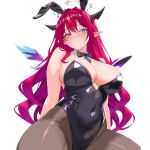  1girl alternate_costume arms_behind_back ass_visible_through_thighs bare_shoulders black_bow black_bowtie black_leotard blue_eyes bow bowtie breasts cleavage covered_groin covered_navel crystal_wings detached_sleeves detached_wings double-parted_bangs hair_ornament halo heterochromia highleg highleg_leotard hololive hololive_english horns irys_(hololive) large_breasts leotard light_blush lips long_hair looking_at_viewer mixed-language_commentary pantyhose playboy_bunny pointy_ears rabbit_hair_ornament red_eyes red_hair rijeka1918 simple_background smile solo star_halo strapless strapless_leotard thick_thighs thighs transparent_background upper_body virtual_youtuber wings 