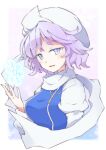  1girl blue_eyes blue_vest eyebrows_visible_through_hair hat highres juliet_sleeves letty_whiterock light_purple_hair long_sleeves open_mouth puffy_sleeves scarf short_hair smile snowflakes solo touhou upper_body vest white_headwear white_scarf yutamaro 