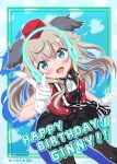  1girl animal_ears artist_name aviation_magic_band bird_ears bird_girl black_pantyhose black_skirt blonde_hair blue_eyes blush character_name english_text garrison_cap gloves happy happy_birthday hat highres hirschgeweih_antennas long_hair luminous_witches nautilus_(artist) open_mouth pantyhose skirt solo standing virginia_robertson white_gloves world_witches_series 