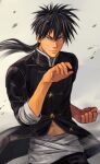  1boy black_hair blue_eyes chinese_clothes clenched_hand fighting_stance long_hair male_focus one-punch_man ponytail signature smile solo suiryuu_(one-punch_man) upper_body vasiliy-plumber 