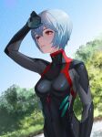  1girl artist_name ayanami_rei bangs black_bodysuit blue_hair bodysuit breasts commentary drid dutch_angle english_commentary film_grain foliage hair_between_eyes hand_to_forehead highres looking_ahead medium_breasts neon_genesis_evangelion parted_lips plugsuit red_eyes shaded_face shading_eyes sky solo sweat sweating_profusely upper_body 