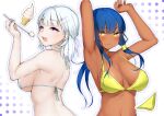  2girls absurdres armpits arms_up back bangs bikini biting blue_bikini blue_hair breasts commentary contrast dark-skinned_female dark_skin eating eyebrows_visible_through_hair food hair_ornament hairclip half_updo highres ice_cream large_breasts lip_biting looking_at_viewer looking_back low_twintails micro_bikini multiple_girls na_arva navel open_mouth original pale_skin purple_eyes sideboob spoon swimsuit twintails upper_body white_hair yellow_bikini yellow_eyes 