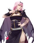  1girl belt black_cape black_dress breasts cape cleavage_cutout clothing_cutout cowboy_shot crown dress highres hololive hololive_english large_breasts lipstick long_hair long_sleeves looking_at_viewer makeup mori_calliope parted_lips pink_hair pink_lips red_eyes simple_background slit_throat_(gesture) solo thighhighs torn_cape torn_clothes umber veil virtual_youtuber white_background white_belt wristband 