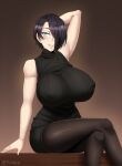  1girl alternate_costume arm_behind_head arm_up bangs bare_arms bare_shoulders black_hair black_legwear black_sweater blue_eyes breasts brown_background commentary covered_nipples crossed_legs dress english_commentary hair_over_one_eye highres huge_breasts looking_at_viewer original pantyhose parted_lips ribbed_sweater saya_(twrlare) short_hair simple_background sitting sleeveless sleeveless_sweater smile solo sweater sweater_dress turtleneck turtleneck_sweater twitter_username twrlare 