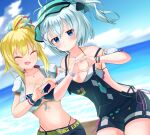  .live 2girls aqua_hair bare_shoulders bikini bikini_top blue_eyes breasts cat_hair_ornament cleavage closed_eyes cloud collarbone dennou_shoujo_youtuber_siro detached_sleeves expressionless frilled_bikini frilled_sleeves frills hair_between_eyes hair_ornament heart heart_hands highres jewelry medium_breasts mirai_akari mirai_akari_project multiple_girls necklace open_mouth overall_shorts overalls own_hands_together pocket puffy_detached_sleeves puffy_sleeves ruripen short_sleeves siro_(dennou_shoujo_youtuber_siro) sky summer swimsuit virtual_youtuber visor_cap water waves wristband x_hair_ornament 
