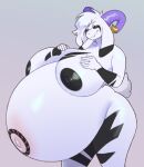 5_fingers anthro areola belly big_belly big_breasts black_areola black_body black_fur black_nipples black_sclera bovid breasts caprine female fingers floppy_ears fur ginormous_belly goat hands_on_own_breasts hi_res horn huge_breasts hyper hyper_pregnancy looking_at_viewer mammal nipples nude odisia pregnant pregnant_anthro pregnant_female solo tail thick_thighs white_body white_eyes white_fur