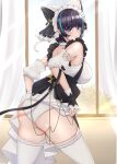  1girl absurdres animal_ears aqua_hair arms_behind_back ass azur_lane bangs bare_shoulders black_hair blue_eyes blunt_bangs breasts cheshire_(azur_lane) closed_mouth clothes_lift curtains detached_sleeves dress dress_lift frilled_dress frilled_sleeves frills highres iya_na_kao_sare_nagara_opantsu_misete_moraitai iya_na_kao_sare_nagara_opantsu_misete_moraitai_yo_wa_pantsu_ga_mitai_zo large_breasts lifted_by_self looking_at_viewer looking_back maid_headdress medium_hair multicolored_hair panties puffy_detached_sleeves puffy_sleeves sinorder solo streaked_hair thighhighs two-tone_hair underwear white_panties window wrist_cuffs 