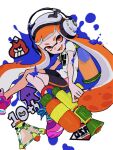  1girl anniversary bike_shorts black_shorts full_body headphones highres holding holding_weapon imaikuy0 ink_tank_(splatoon) inkling inkling_girl inkling_player_character long_hair looking_at_viewer open_mouth orange_eyes orange_hair paint_splatter paint_splatter_on_face pink_shoes shirt shoes short_sleeves shorts smile sneakers solo splat_bomb_(splatoon) splatoon_(series) splatoon_1 splattershot_(splatoon) t-shirt tentacle_hair very_long_hair weapon white_background white_shirt 
