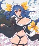  1girl :o asymmetrical_wings belt black_choker black_dress black_panties black_thighhighs blush breasts chemaru_(a8l) choker cleavage cleavage_cutout clothes_pull clothing_cutout curtsey dizzy_(guilty_gear) dress frilled_dress frilled_skirt frills grey_background guilty_gear hair_between_eyes hair_ribbon highres large_breasts maid_headdress mature_female midriff navel open_mouth panties pleated_skirt red_eyes ribbon showgirl_skirt simple_background skindentation skirt solo tail tail_ornament tail_ribbon thick_thighs thighhighs thighs twintails underwear wings yellow_ribbon 